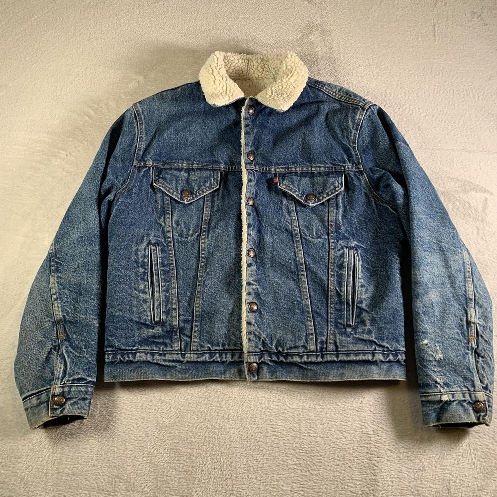 Vintage Levi's Sherpa Trucker Jacket Mens 42R Blue Denim Made USA 80s 70608 0216
